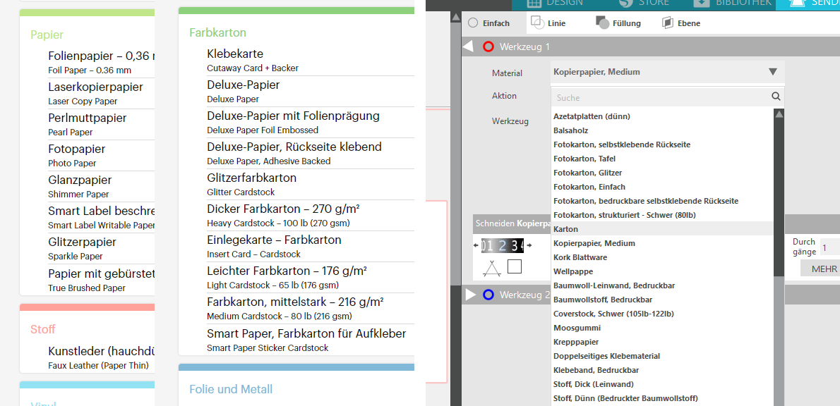 Plotten mit Papier - Schneideeinstellungen