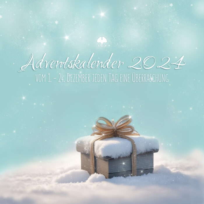 Geschenk im Schnee vor türkisem Hintergrund. Mit weißem Schriftzug "Adventskalender 2024".