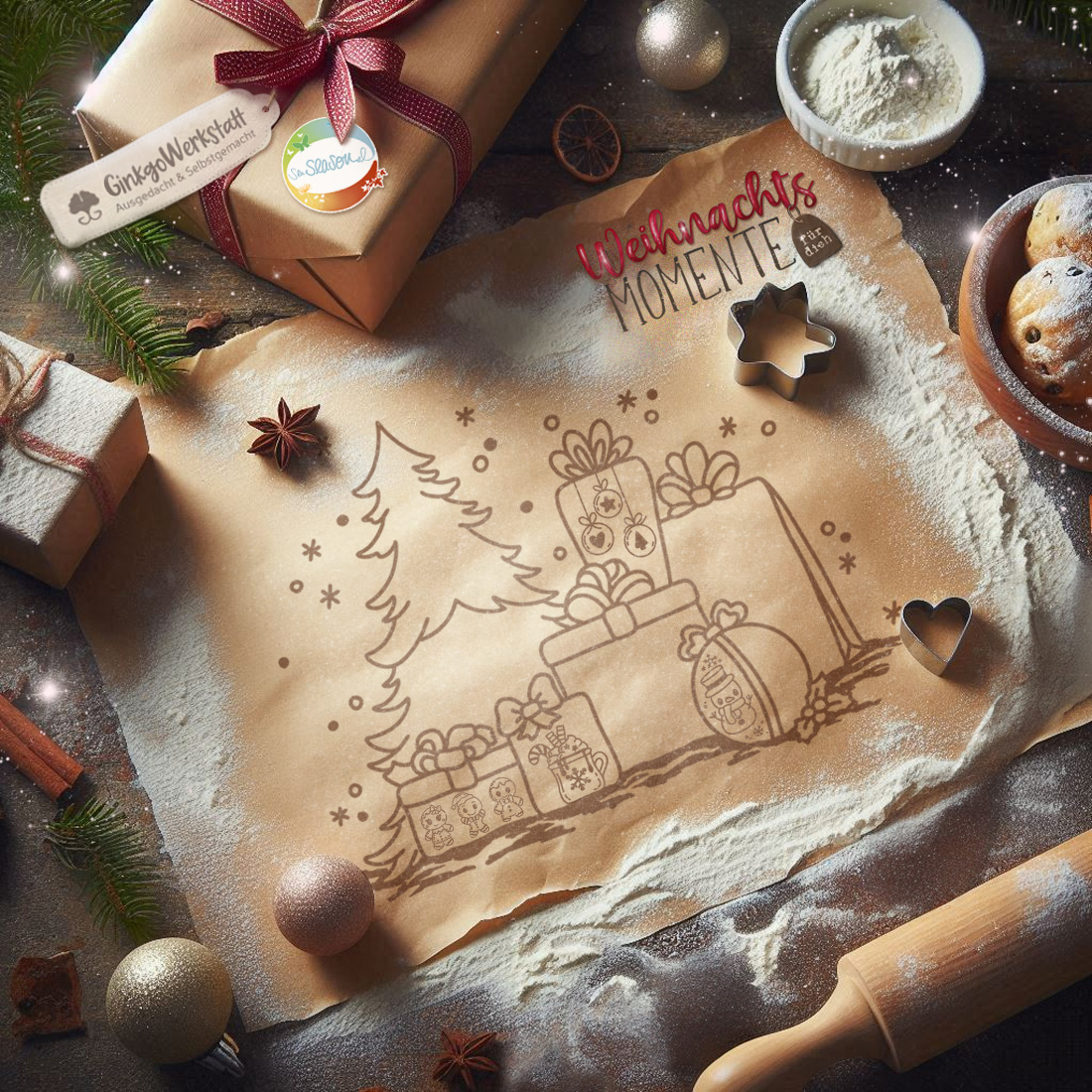 Ein Backpapier auf einem Küchentisch, umrandet von Backutensilien. Auf dem Backpapier sind die Motive von GinkgoWerkstatt zu sehen, welche für die "Weihnachtsmomente für dich" entstanden sind.