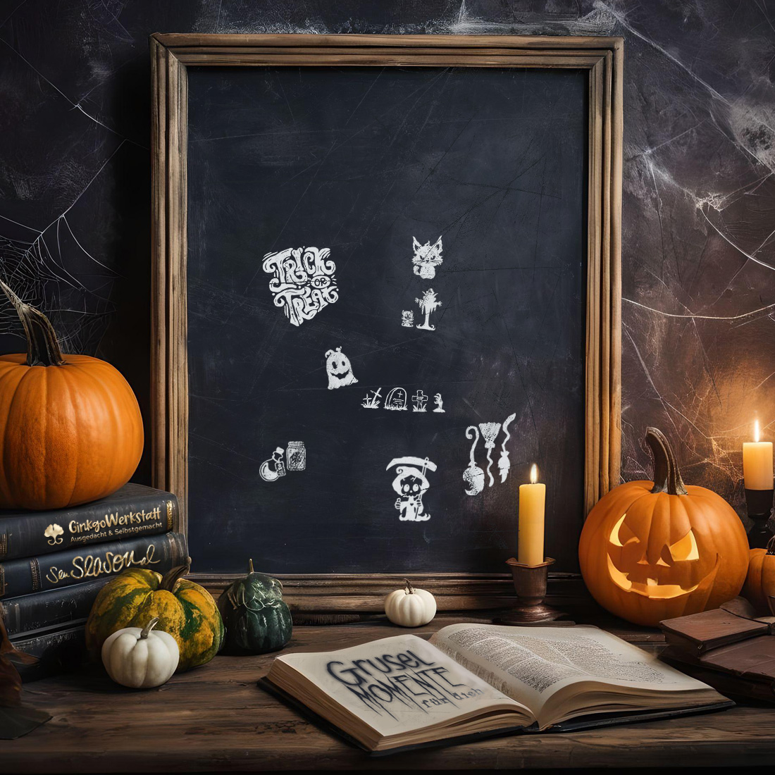 EIne alte Schiefertafel mit den verschiedenen Motiven von GinkgoWerkstatt, Halloweenkürbissen und alten Büchern.