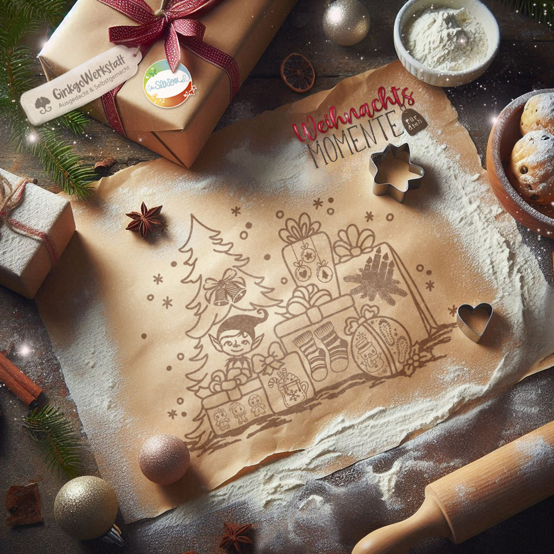 Ein Backpapier auf einem Küchentisch, umrandet von Backutensilien. Auf dem Backpapier sind alle Motive, welche für die "Weihnachtsmomente für dich" entstanden sind, zu sehen.