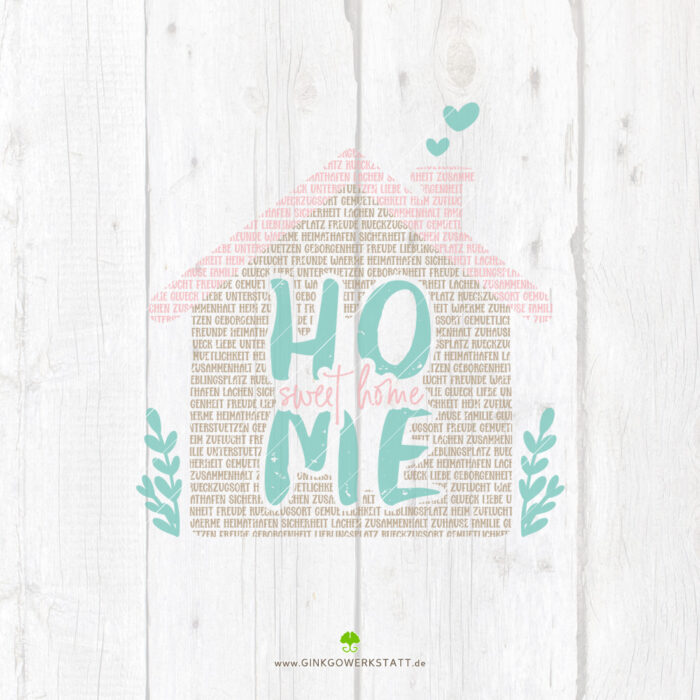 Digitale Vorschau der Datei Wortspiel "Home sweet Home". Zu sehen sind die einzelnen Elemente, welche Teil des Downloads sind. Es ist ein Haus abgebildet, welches nur aus Wörtern gestaltet wurde. In der Mitte ist der Schritzug "Home sweet Home".