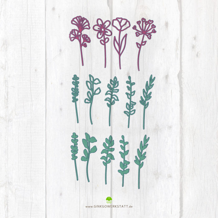 Digitale Vorschau der Datei 3D Große Wildblumen. Zu sehen sind die verschiedenen Elemente, welche Teil des Downloads sind.