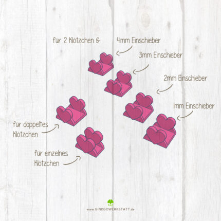Digitale Vorschau der Datei 3D Klötzchenfüße "Herz". Zu sehen sind die verschiedenen Elemente, welche Teil des Downloads sind. Sie sind sowohl für Mini- als auch Standardklötzchen geeignet.