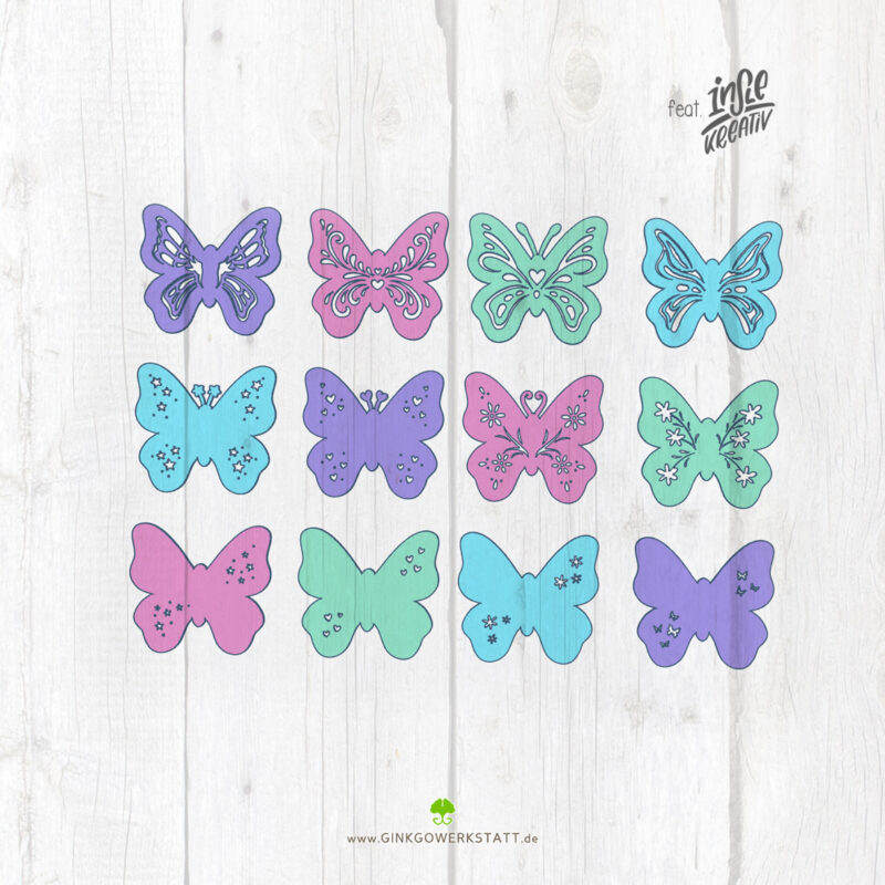 Digitale Vorschau der Datei 3D Schmetterlingsliebe. Zu sehen sind die einzelnen Elemente, welche Teil des Downloads sind.