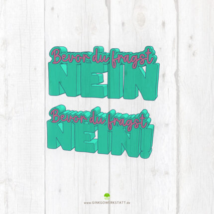 Digitale Vorschau der Datei 3D Schrift "Nein". Zu sehen sind die beiden Varianten und deren Elemente, welche Teil des Downloads sind.
