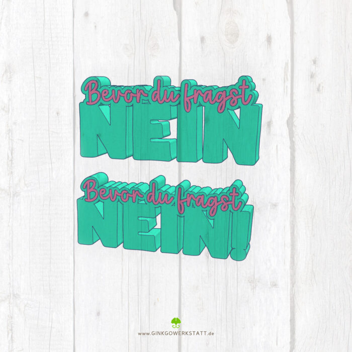 Digitale Vorschau der Datei 3D Schrift "Nein". Zu sehen sind die beiden Varianten und deren Elemente, welche Teil des Downloads sind.