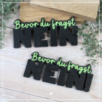 Beide Varianten der 3D Schrift "Nein" sind abgebildet. Kombiniert wurden hier schwarzes Filament für die Hauptbuchstaben und grünes Filament für das "Bevor du fragst".