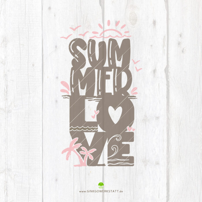 Digitale Vorschau der Datei Lettering "Summerlove". Zu sehen sind die einzelnen Elemente, welche Teil des Downloads sind. Neben der Schrift selbst sind auch noch diverse Sommermotive, wie z.B. Möwen, Palmen und Sonne, abgebildet.