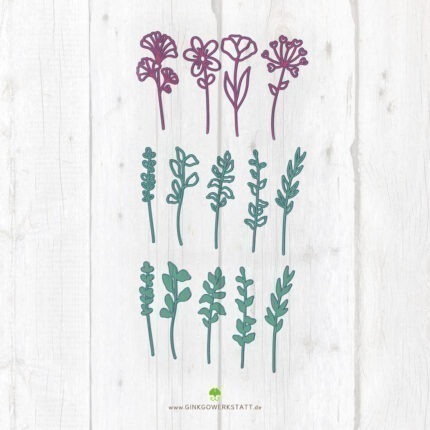 Digitale Vorschau der Datei 3D Große Wildblumen. Zu sehen sind die verschiedenen Elemente, welche Teil des Downloads sind.