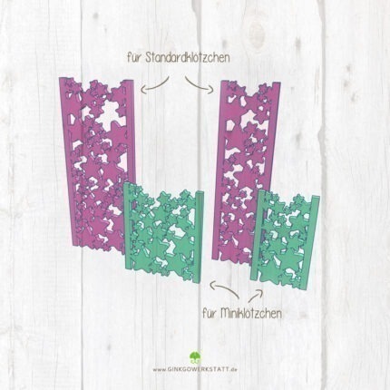 Digitale Vorschau der Datei 3D Klötzchendeko "Sterne". Zu sehen sind die vier Elemente, welche Teil des Downloads sind. Sie sind sowohl für Mini- als auch Standardklötzchen geeignet.