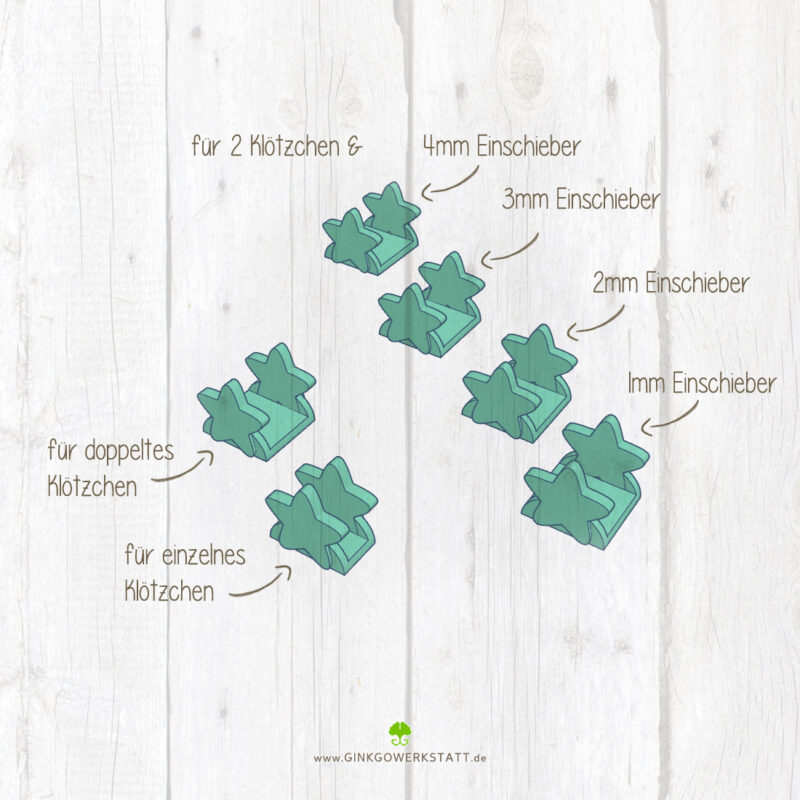 Digitale Vorschau der Datei 3D Klötzchenfüße "Stern". Zu sehen sind die verschiedenen Elemente, welche Teil des Downloads sind. Sie sind sowohl für Mini- als auch Standardklötzchen geeignet.