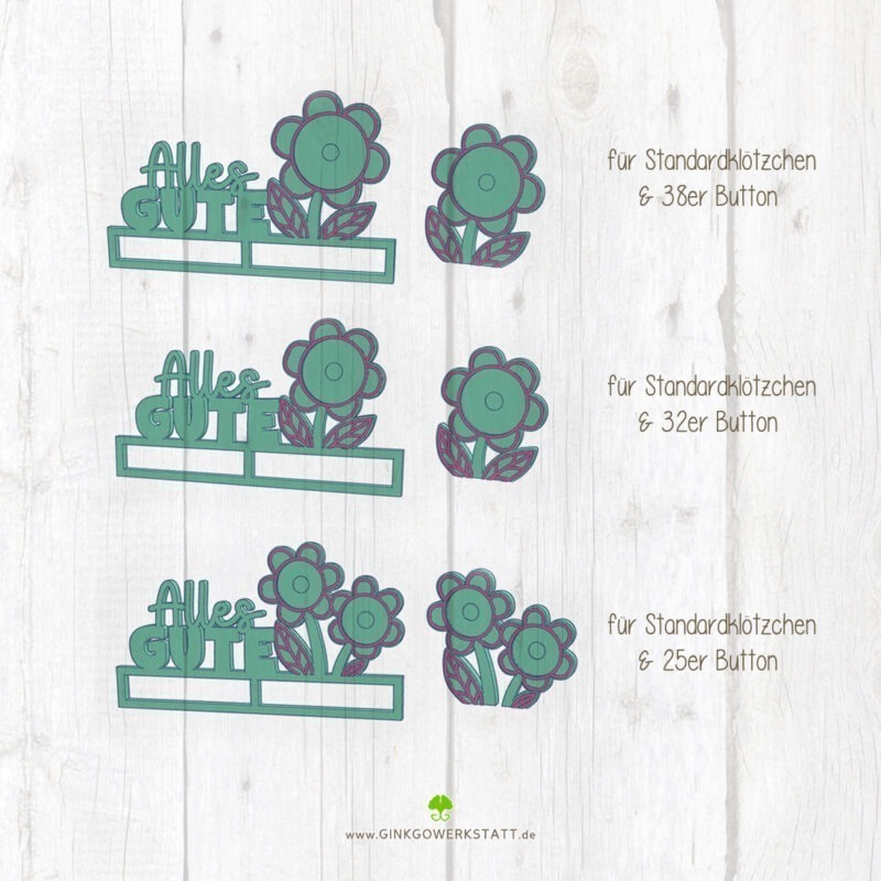 Digitale Vorschau der Datei 3D Klötzchenschrift "Alles Gute". Zu sehen sind die verschiedenen Elemente, welche Teil des Downloads sind.