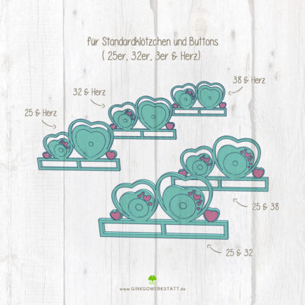 Digitale Vorschau der Datei 3D Klötzchenschrift "Herzen". Zu sehen sind die verschiedenen Elemente, welche Teil des Downloads sind.