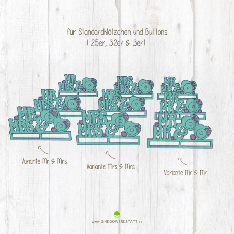Digitale Vorschau der Datei 3D Klötzchenschrift "Mr & Mrs". Zu sehen sind die verschiedenen Elemente, welche Teil des Downloads sind.