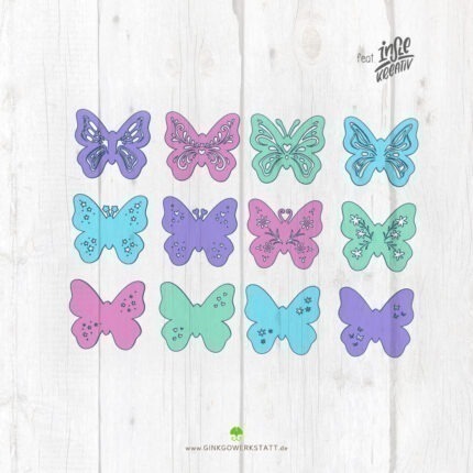 Digitale Vorschau der Datei 3D Schmetterlingsliebe. Zu sehen sind die einzelnen Elemente, welche Teil des Downloads sind.