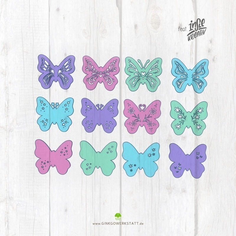 Digitale Vorschau der Datei 3D Schmetterlingsliebe. Zu sehen sind die einzelnen Elemente, welche Teil des Downloads sind.