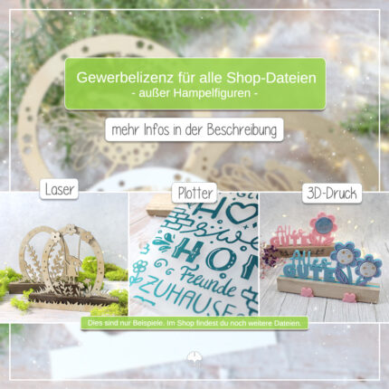 Vorschaulbild für den Erwerb einer allgemeinen Gewerbelizenz für die Produkte aus meinem Shop. Zu sehen sind Beispielbilder aus dem Bereich 3D-Druck, Laser und Plotter.