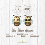 Digitale Vorschau der Datei "Bee Something". Zu sehen sind die colorierte und die Outline-Variante der Bienen. Mit und ohne Sonnenbrille. Dazu sind verschiedene motivierende Sprüche abgebildet.