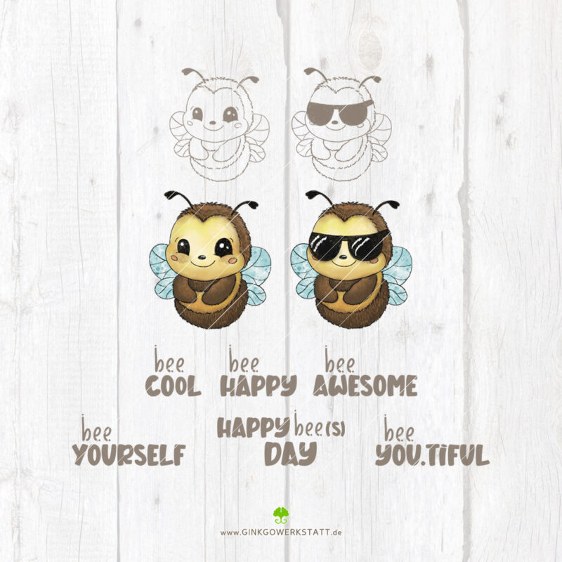 Digitale Vorschau der Datei "Bee Something". Zu sehen sind die colorierte und die Outline-Variante der Bienen. Mit und ohne Sonnenbrille. Dazu sind verschiedene motivierende Sprüche abgebildet.