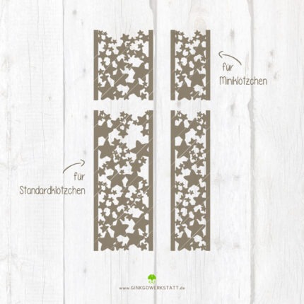 Digitale Vorschau der Datei Klötzchendeko "Sterne". Zu sehen sind die vier Elemente, welche Teil des Downloads sind. Sie sind sowohl für Mini- als auch Standardklötzchen geeignet.