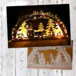 Auf der Collage ist der Lichterbogen "Schneemann" in beleuchtet und unbeleuchtet zu sehen. Das Motiv zeigt einen Schneemann inmitten einer Schneelandschaft mit Tannen.