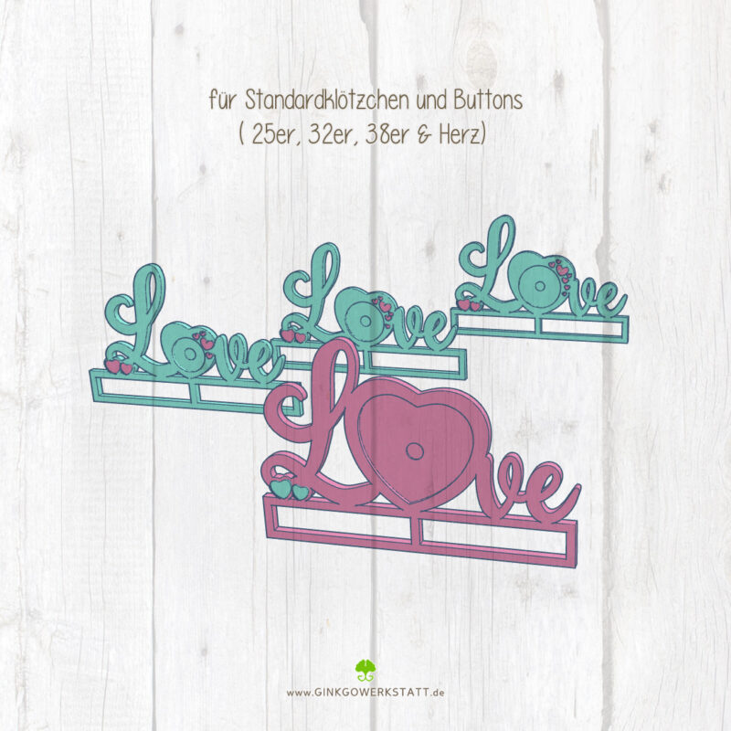 Digitale Vorschau der Datei 3D Klötzchenschrift "Love". Zu sehen sind die verschiedenen Elemente, welche Teil des Downloads sind.