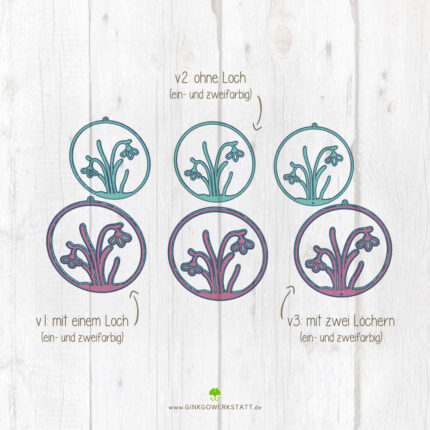 Übersicht der 3D-Druckdatei Schneeglöckchen-Kranz in verschiedenen Versionen (v1 mit Loch, v2 ohne Loch, v3 mit zwei Löchern).