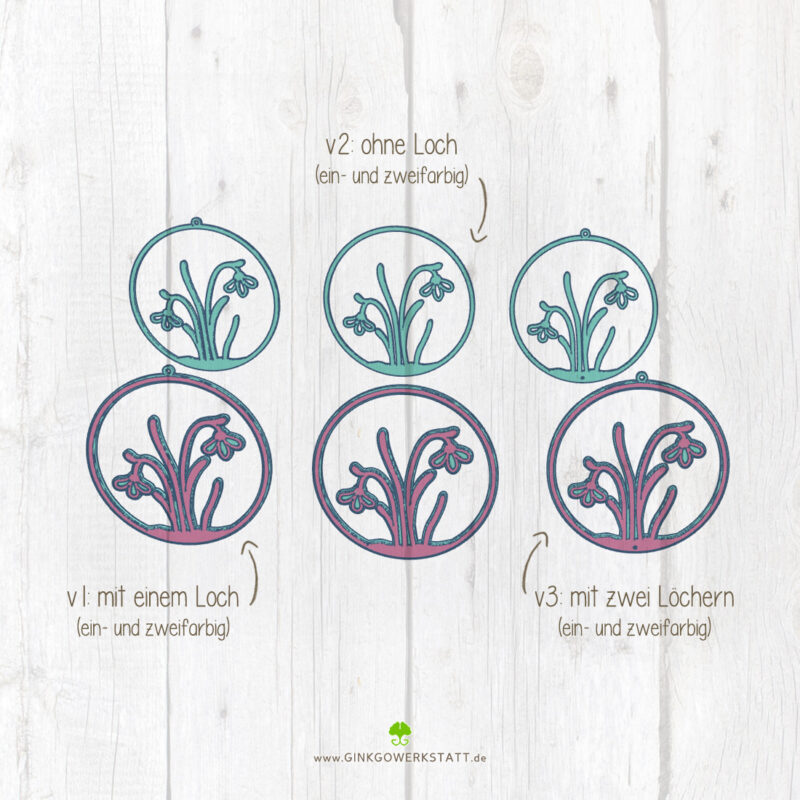 Übersicht der 3D-Druckdatei Schneeglöckchen-Kranz in verschiedenen Versionen (v1 mit Loch, v2 ohne Loch, v3 mit zwei Löchern).
