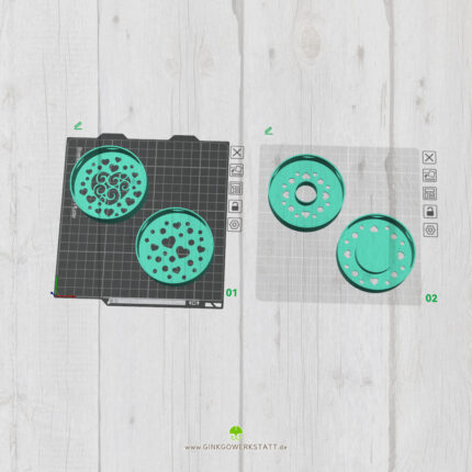3D-Modell-Vorschau im Slicer mit den vier Aufsatz-Varianten für Glück-Gläser im Herz-Design.