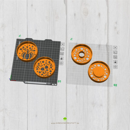 3D-Modell-Vorschau im Slicer mit den vier Aufsatz-Varianten für Glück-Gläser im Kürbis-Design.