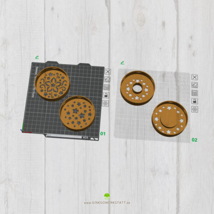 3D-Modell-Vorschau im Slicer mit den vier Aufsatz-Varianten für Glück-Gläser im Stern-Design.