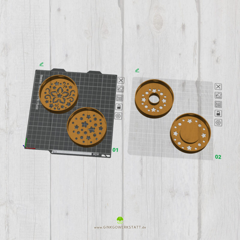 3D-Modell-Vorschau im Slicer mit den vier Aufsatz-Varianten für Glück-Gläser im Stern-Design.